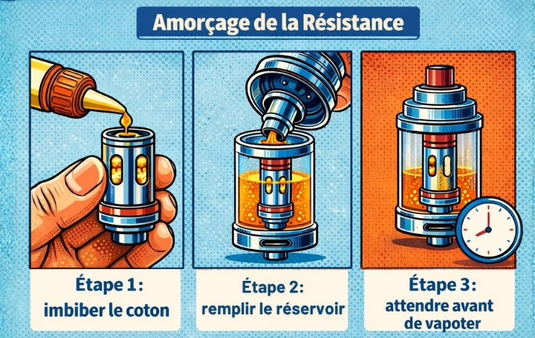 Sch&eacute;ma en trois &eacute;tapes pour amorcer une r&eacute;sistance de cigarette &eacute;lectronique : imbiber le coton, remplir le r&eacute;servoir et attendre avant de vapoter