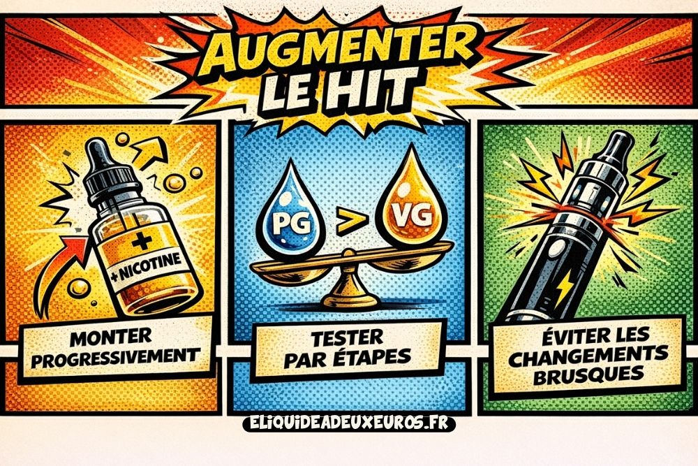 Bande dessin&eacute;e p&eacute;dagogique montrant comment augmenter le hit en cigarette &eacute;lectronique : augmenter la nicotine, privil&eacute;gier un ratio PG sup&eacute;rieur au VG et ajuster la puissance progressivement.