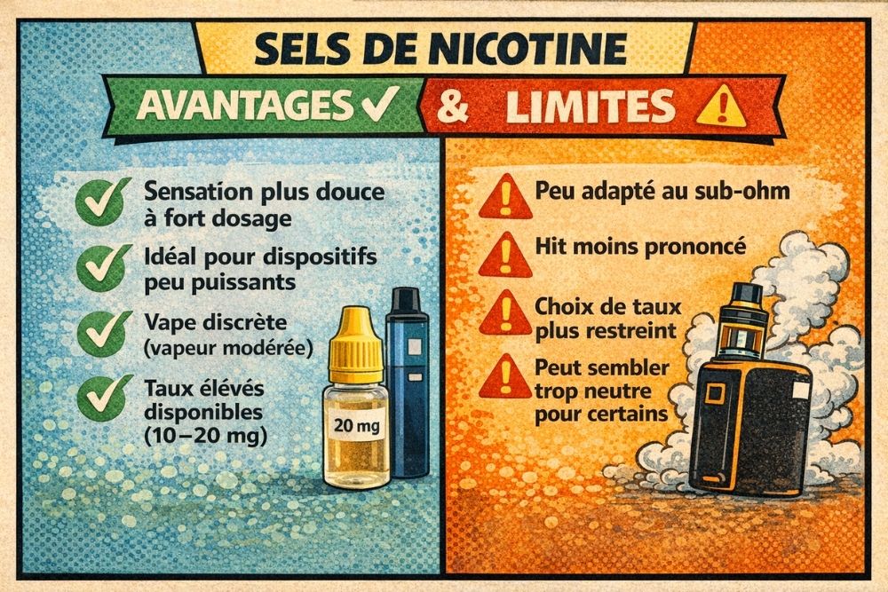 Infographie p&eacute;dagogique en style bande dessin&eacute;e pr&eacute;sentant les avantages et les limites des sels de nicotine en vapotage, incluant sensation plus douce, compatibilit&eacute; avec pods et restrictions sur mat&eacute;riel puissant.