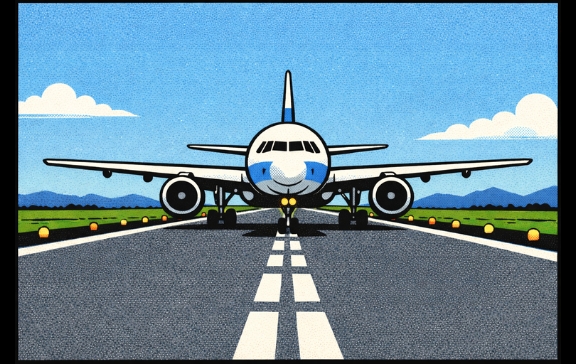 Avion de ligne sur une piste d&rsquo;a&eacute;roport, illustr&eacute; en style bande dessin&eacute;e r&eacute;tro.