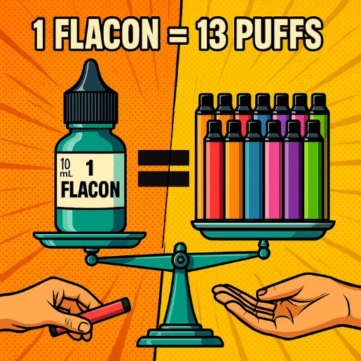 Balance comparant un flacon de e-liquide à 13 Puffs jetables, sur fond BD coloré avec texte "1 flacon = 13 Puffs"