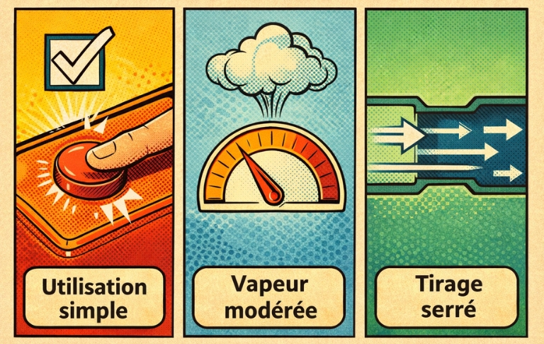 Illustration en trois vignettes de style bande dessin&eacute;e montrant une utilisation simple, une vapeur mod&eacute;r&eacute;e et un tirage serr&eacute;