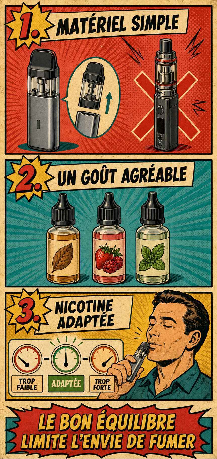 Infographie pour bien d&eacute;buter la vape avec un mat&eacute;riel simple, un go&ucirc;t agr&eacute;able et un taux de nicotine adapt&eacute;