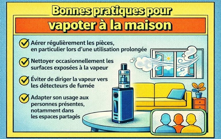 Illustration pédagogique en style bande dessinée expliquant les bonnes pratiques pour vapoter à la maison
