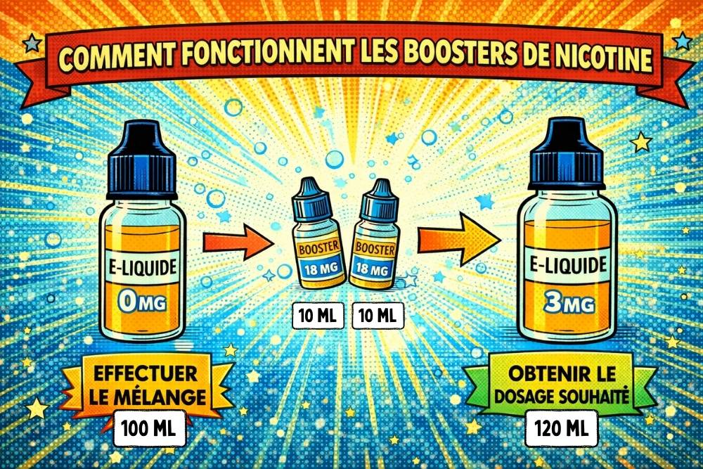 Schéma expliquant le calcul du dosage avec boosters de nicotine : e-liquide 100 ml 0 mg + deux boosters 18 mg pour obtenir 120 ml en 3 mg