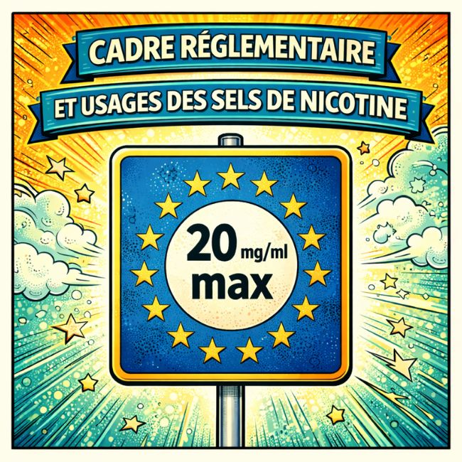 Illustration en style bande dessinée représentant le cadre réglementaire des sels de nicotine en Europe, avec une limite indiquée à 20 mg/ml.