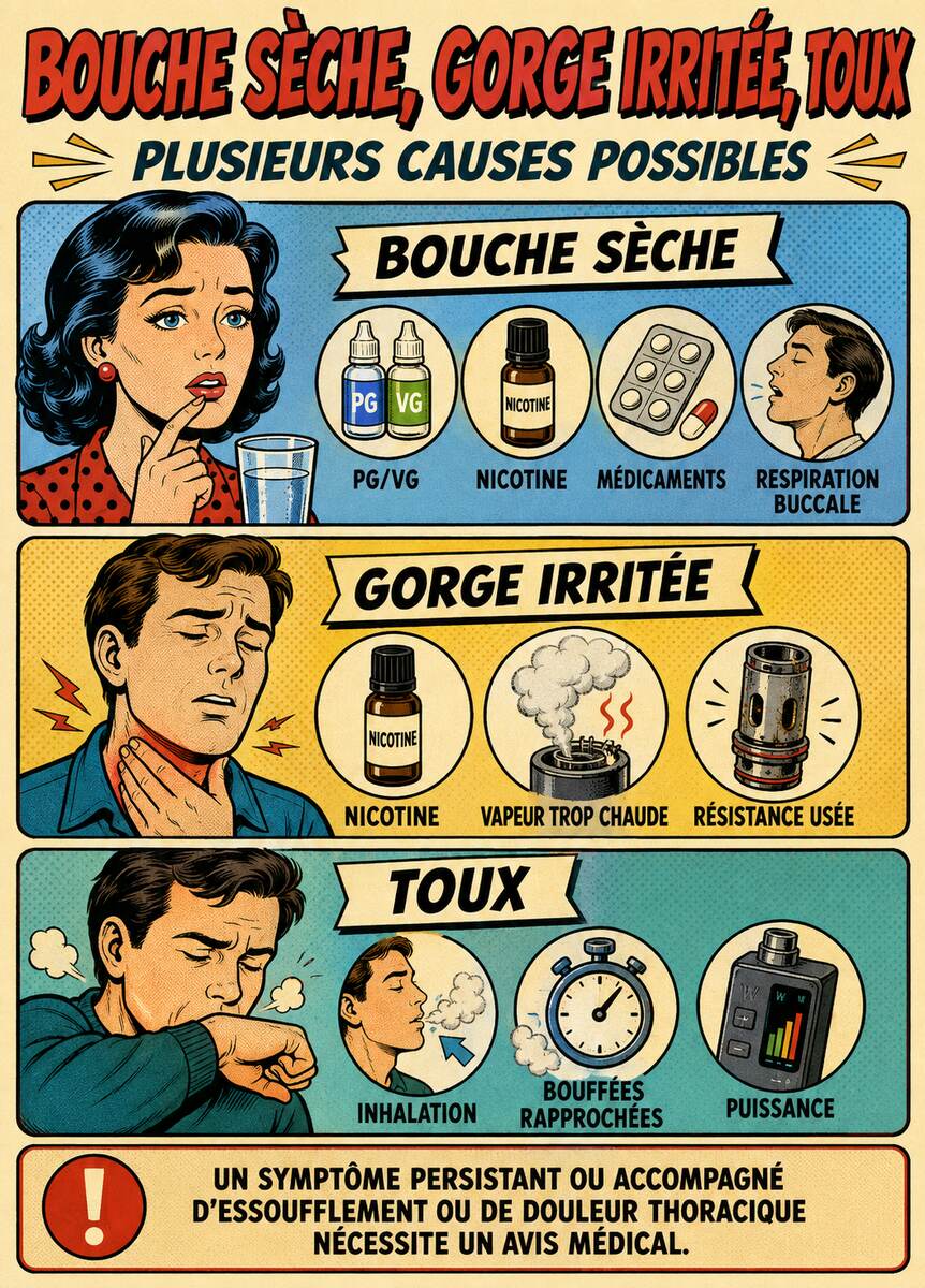 Infographie présentant les facteurs possibles de bouche sèche, gorge irritée et toux pendant le vapotage