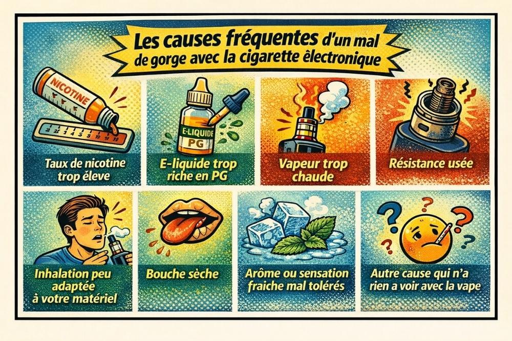 Infographie présentant les causes fréquentes du mal de gorge avec la cigarette électronique : nicotine trop forte, vapeur chaude, e-liquide riche en PG ou inhalation inadaptée