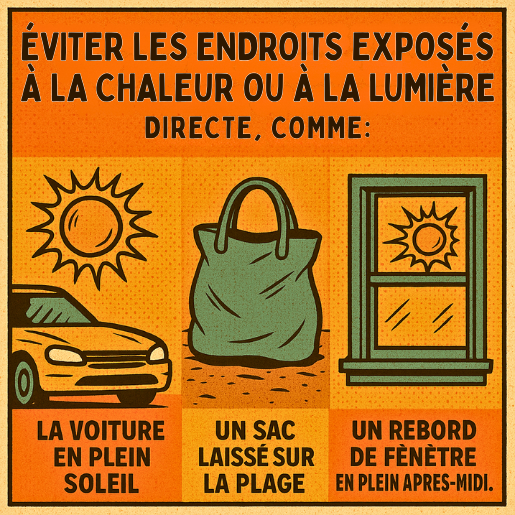 Affiche rétro style BD conseillant d’éviter d’exposer les e-liquides à la chaleur, avec illustrations d’une voiture en plein soleil, d’un sac de plage et d’un rebord de fenêtre ensoleillé.