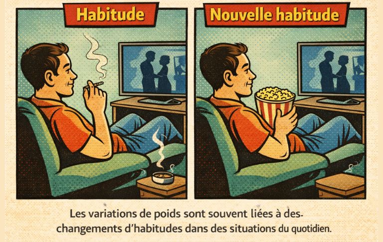 Illustration p&eacute;dagogique montrant un changement d&rsquo;habitude lors d&rsquo;un moment du quotidien, comme regarder un film &agrave; la maison