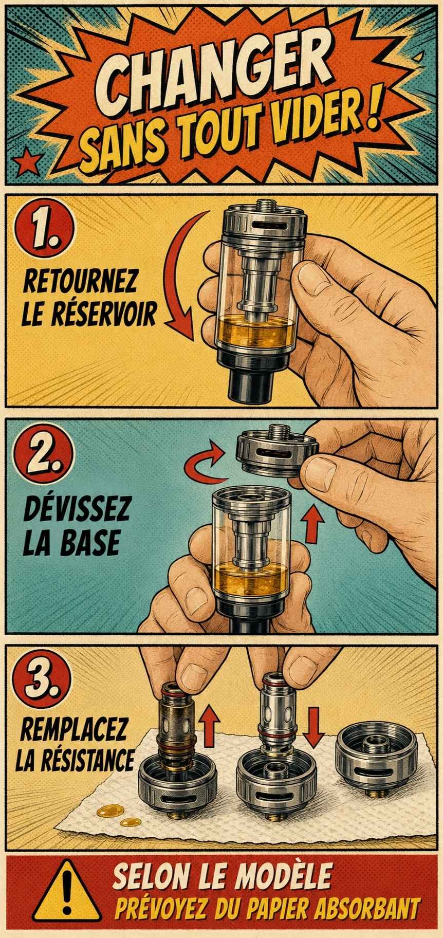 &Eacute;tapes pour changer une r&eacute;sistance de cigarette &eacute;lectronique sans vider enti&egrave;rement le r&eacute;servoir