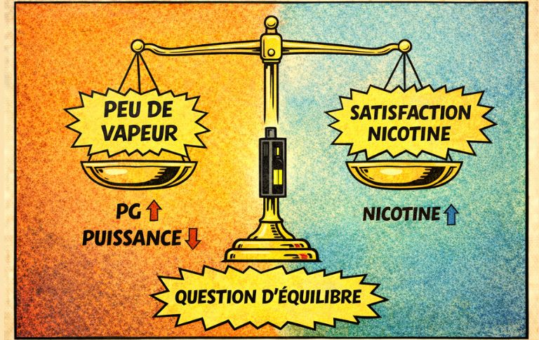 Illustration p&eacute;dagogique repr&eacute;sentant l&rsquo;&eacute;quilibre entre faible production de vapeur et satisfaction en nicotine pour une vape discr&egrave;te.