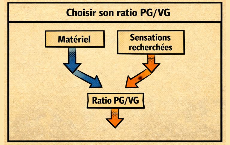Diagramme p&eacute;dagogique en bande dessin&eacute;e montrant comment choisir son ratio PG/VG selon le mat&eacute;riel et les sensations recherch&eacute;es.