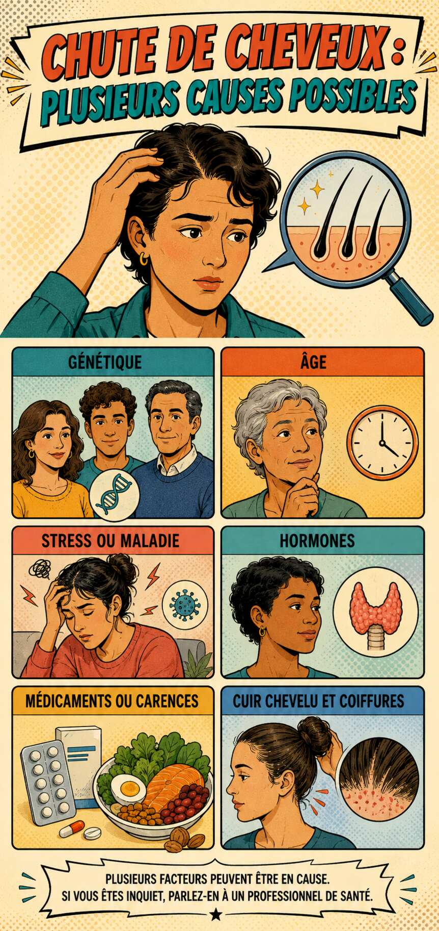Illustration des différentes causes possibles de chute de cheveux : génétique, âge, stress, maladie, hormones, médicaments, carences et coiffures serrées