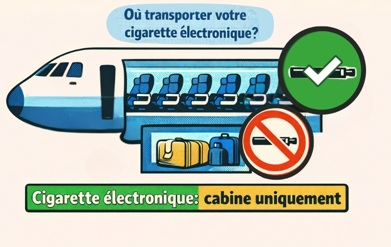 Illustration pédagogique expliquant que la cigarette électronique doit être transportée en cabine dans l’avion