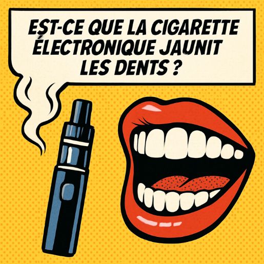 Illustration style bande dessinée rétro : une cigarette électronique fumante à gauche et une bouche avec des dents blanches à droite sur fond à points jaunes.