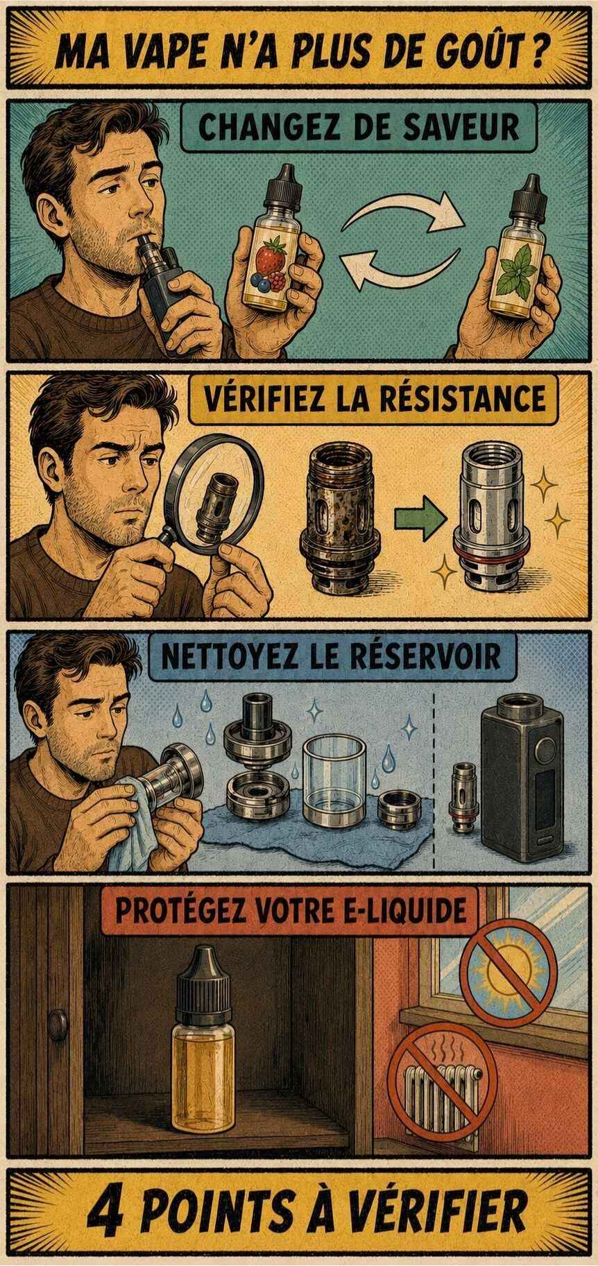 Quatre vérifications pour retrouver les saveurs d’une cigarette électronique : e-liquide, résistance, réservoir et conservation
