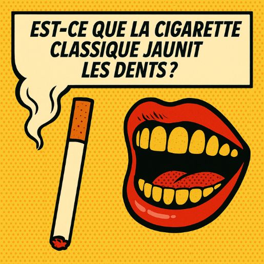 Illustration pop art bande dessinée : une bulle avec « Est-ce que la cigarette classique jaunit les dents ? », une cigarette fumante à gauche, et une bouche large avec des dents jaunes à droite sur fond à points.