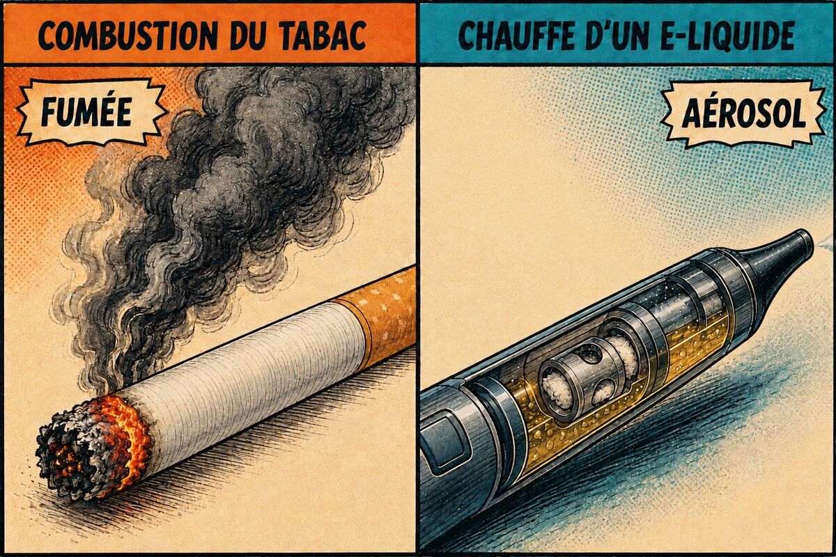 Illustration comparant la combustion du tabac produisant de la fumée et la chauffe d’un e-liquide formant un aérosol.