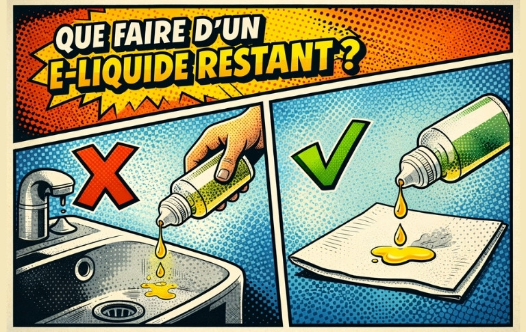 Illustration pédagogique montrant comment jeter un e-liquide restant en l’absorbant avec du papier plutôt que de le verser dans l’évier.