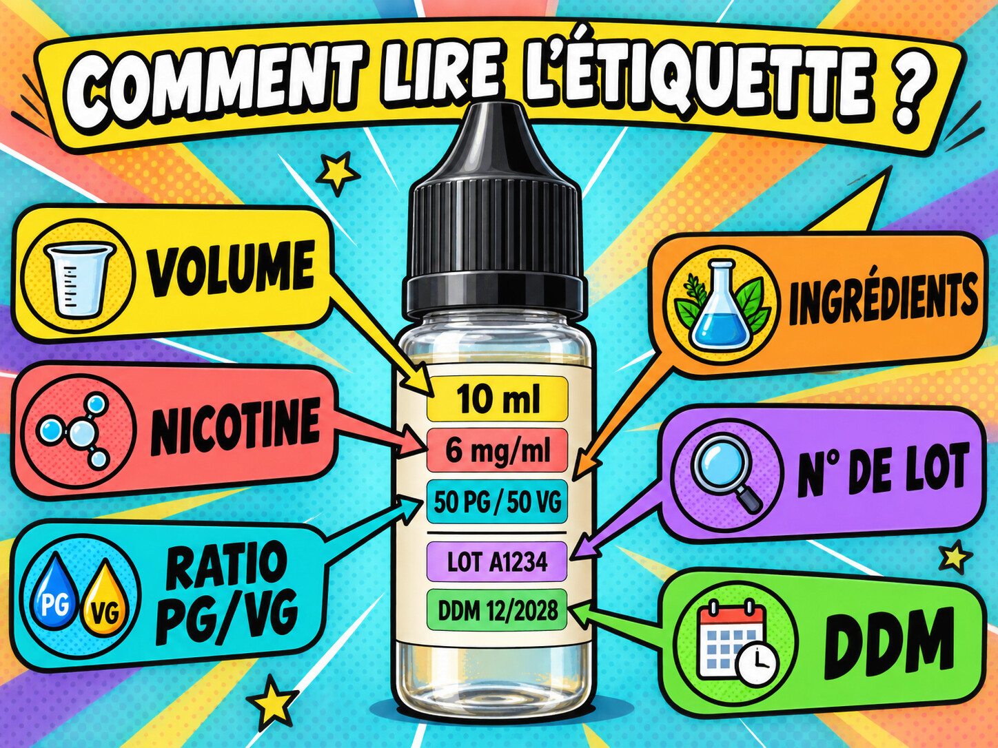 Comment lire l’étiquette d’un e-liquide : volume, nicotine, ratio PG/VG, ingrédients, numéro de lot et DDM