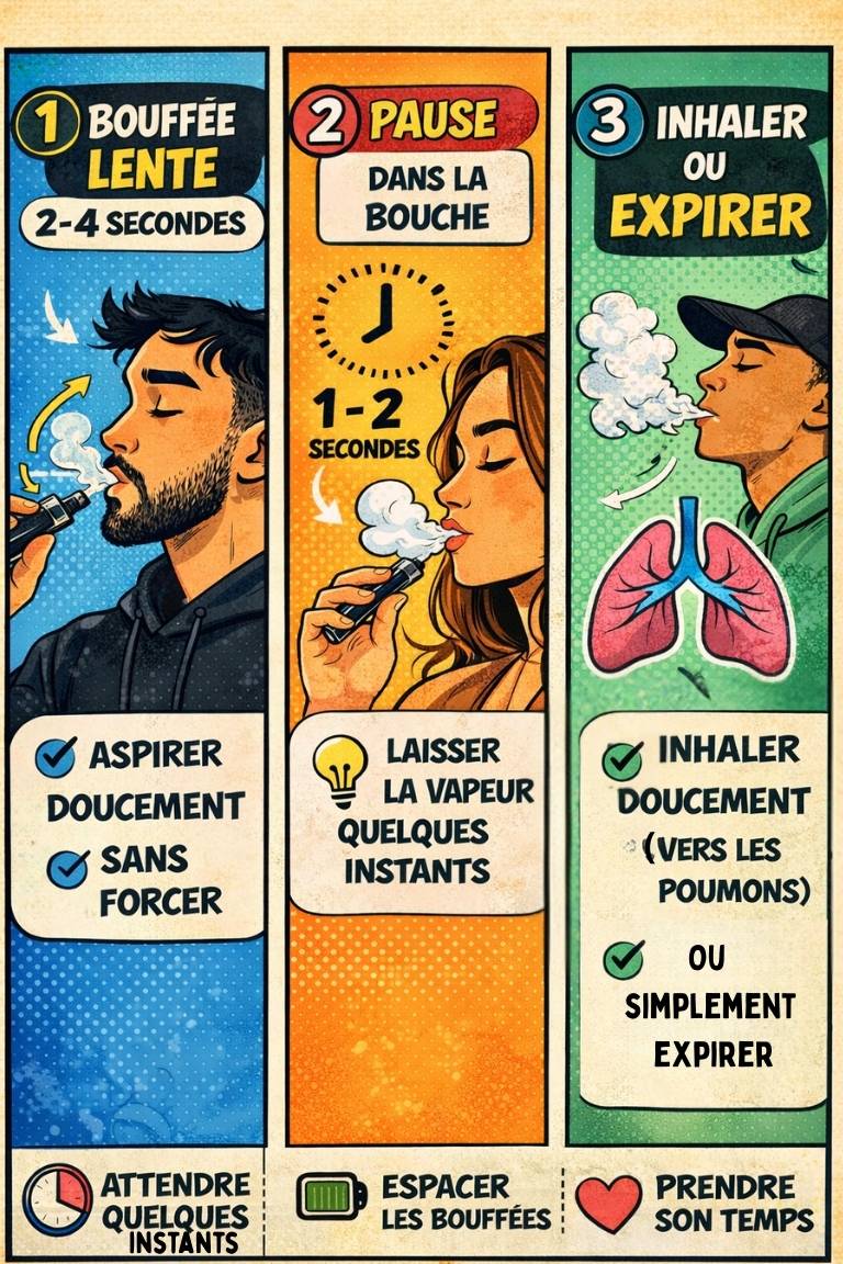 Sch&eacute;ma p&eacute;dagogique montrant les 3 &eacute;tapes pour bien vapoter avec une cigarette &eacute;lectronique : bouff&eacute;e lente, pause dans la bouche puis inhaler ou expirer la vapeur