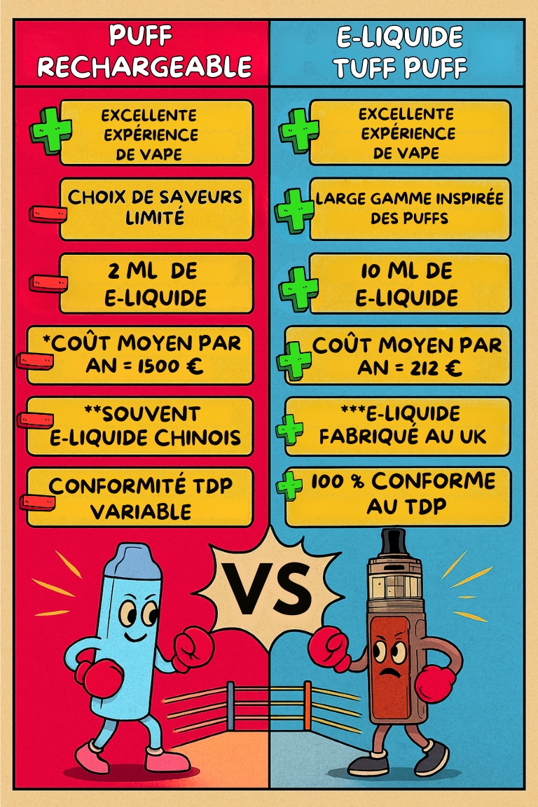 Comparatif entre puff rechargeable et TUFF PUFF : choix de saveurs, prix, contenance et avantages