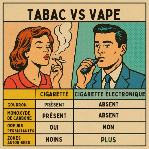 Tableau comparatif en style bande dessinée rétro opposant cigarette classique et cigarette électronique sur des critères comme goudron, monoxyde de carbone, odeurs, sevrage et zones autorisées.
