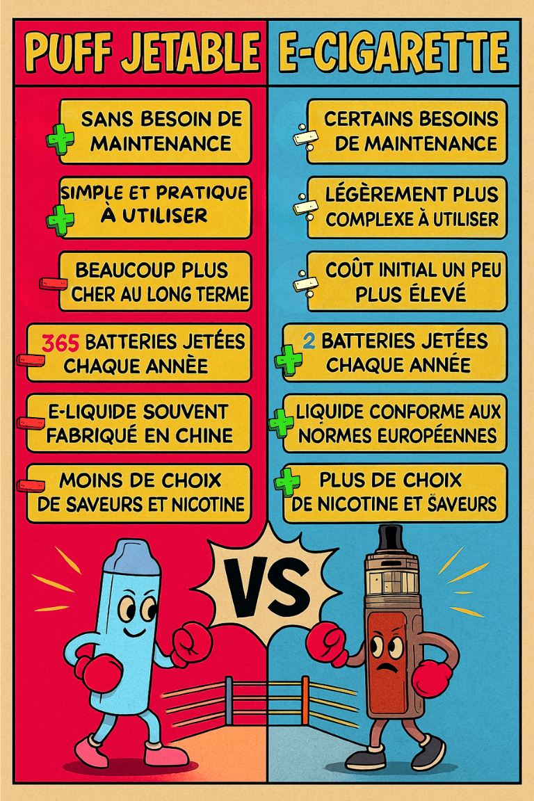Tableau comparatif coloré entre puff jetable et cigarette électronique, présentant les avantages et inconvénients de chaque option