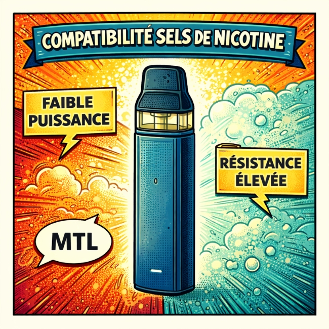 Illustration pédagogique en style bande dessinée montrant un dispositif de vapotage adapté aux sels de nicotine, avec indications faible puissance, MTL et résistance élevée.