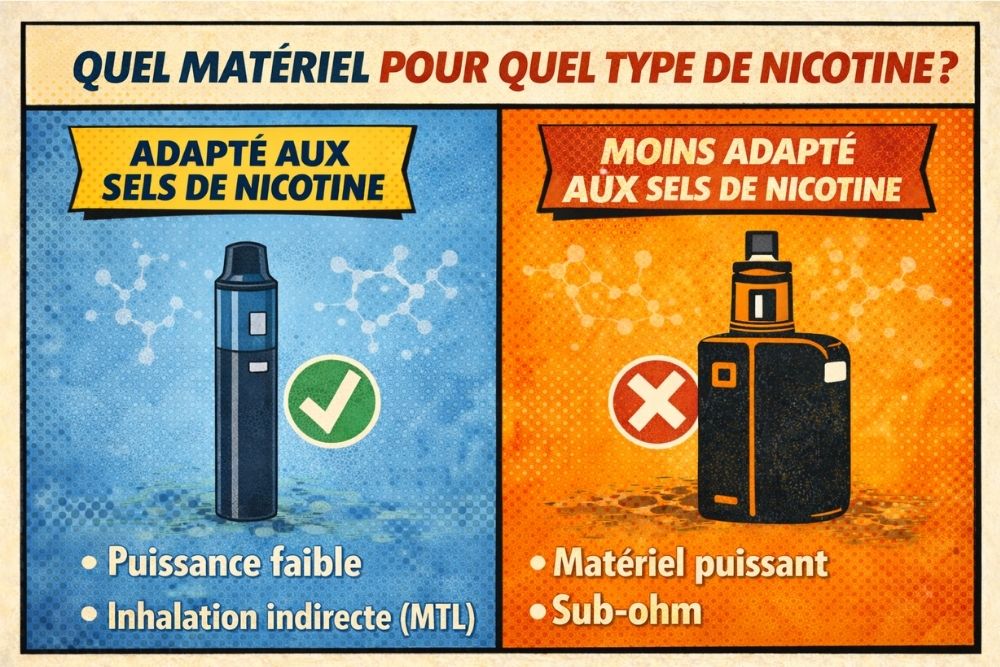 Infographie p&eacute;dagogique en style bande dessin&eacute;e montrant la compatibilit&eacute; des sels de nicotine avec les dispositifs &agrave; faible puissance (pods, MTL) et leur incompatibilit&eacute; avec le mat&eacute;riel puissant sub-ohm.