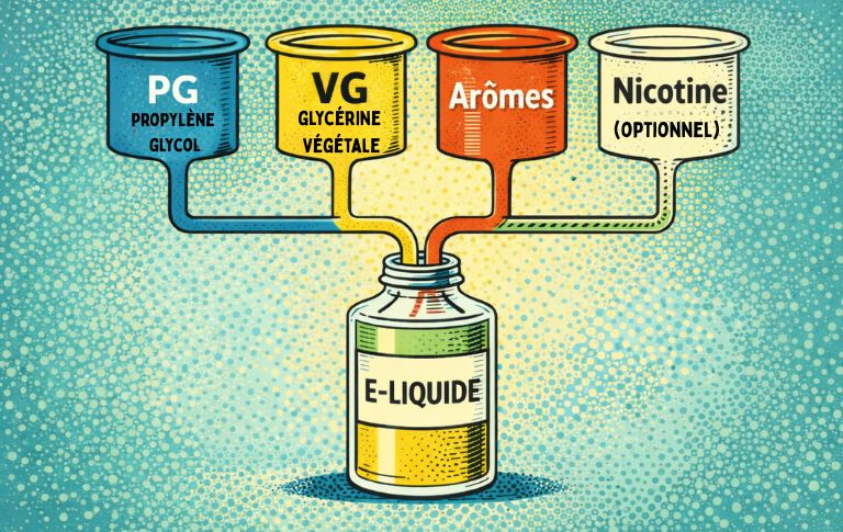 Schéma pédagogique de la composition d’un e-liquide avec propylène glycol, glycérine végétale, arômes et nicotine optionnelle