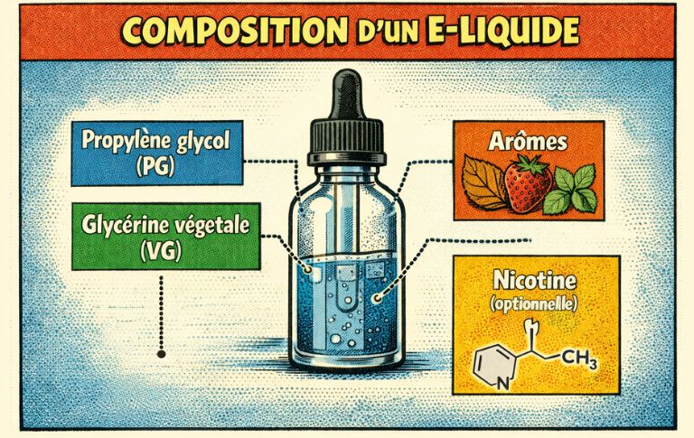 Sch&eacute;ma illustr&eacute; de la composition d&rsquo;un e-liquide avec propyl&egrave;ne glycol, glyc&eacute;rine v&eacute;g&eacute;tale, ar&ocirc;mes et nicotine optionnelle.