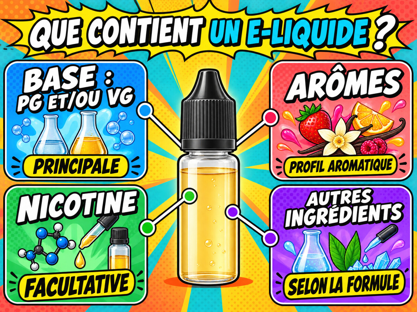 Composition d’un e-liquide : base PG/VG, arômes, nicotine facultative et autres ingrédients possibles