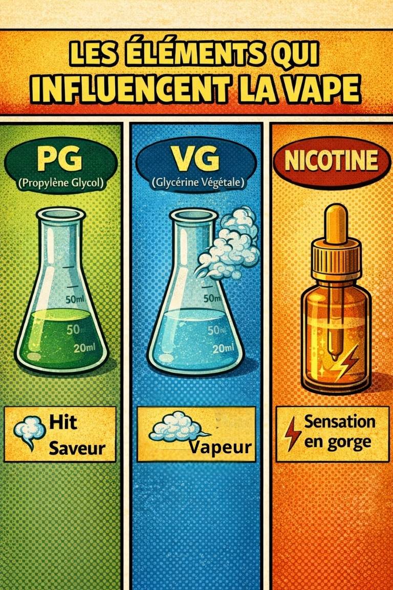 Sch&eacute;ma expliquant les &eacute;l&eacute;ments d&rsquo;un e-liquide pour cigarette &eacute;lectronique : PG, VG et nicotine et leur influence sur la vapeur et la sensation en gorge