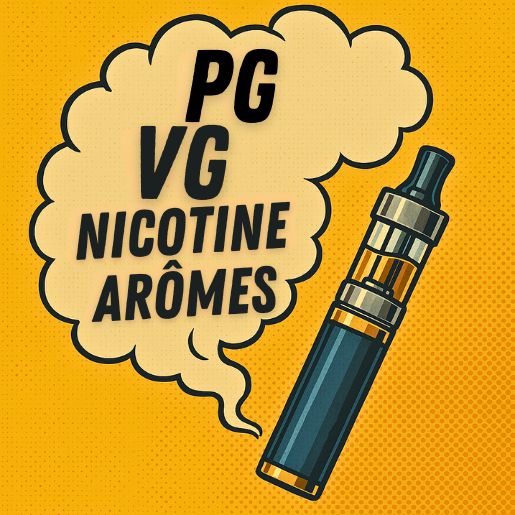 Illustration pop art d’une cigarette électronique libérant de la vapeur avec les mots PG, VG, nicotine et arômes dans un nuage stylisé.