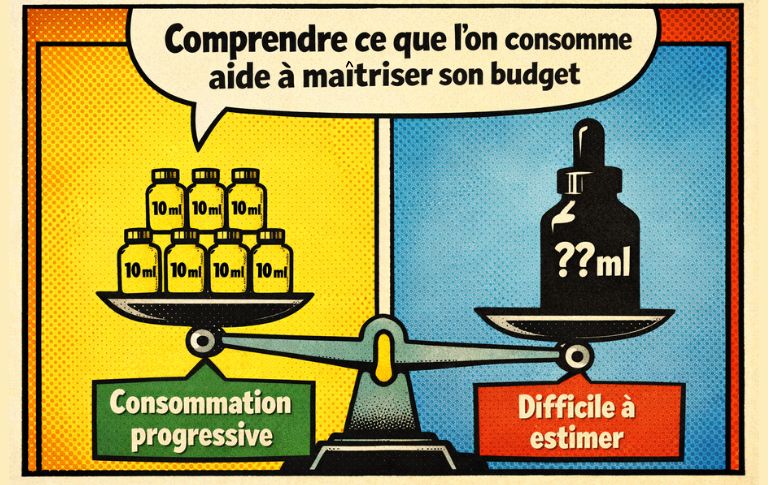 Illustration p&eacute;dagogique en style bande dessin&eacute;e comparant une consommation progressive d&rsquo;e-liquide en flacons de 10 ml &agrave; un format plus difficile &agrave; estimer, afin d&rsquo;expliquer l&rsquo;impact sur le budget.
