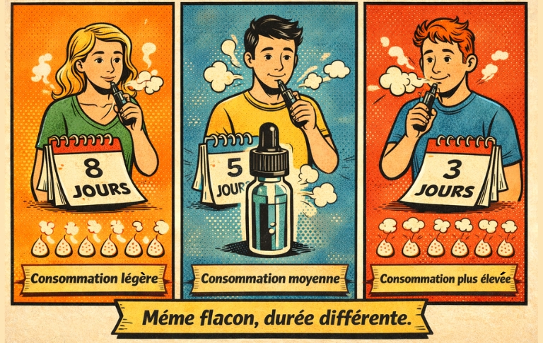 Illustration en style bande dessin&eacute;e montrant qu&rsquo;un m&ecirc;me flacon de e-liquide de 10 ml peut durer plusieurs jours selon le niveau de consommation.