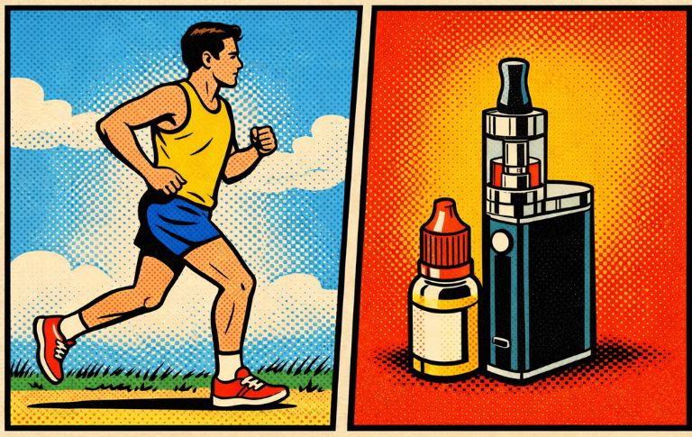 Illustration en style bande dessin&eacute;e montrant un coureur en train de courir et, dans une sc&egrave;ne s&eacute;par&eacute;e, une cigarette &eacute;lectronique avec un flacon d&rsquo;e-liquide, repr&eacute;sentant deux pratiques distinctes.