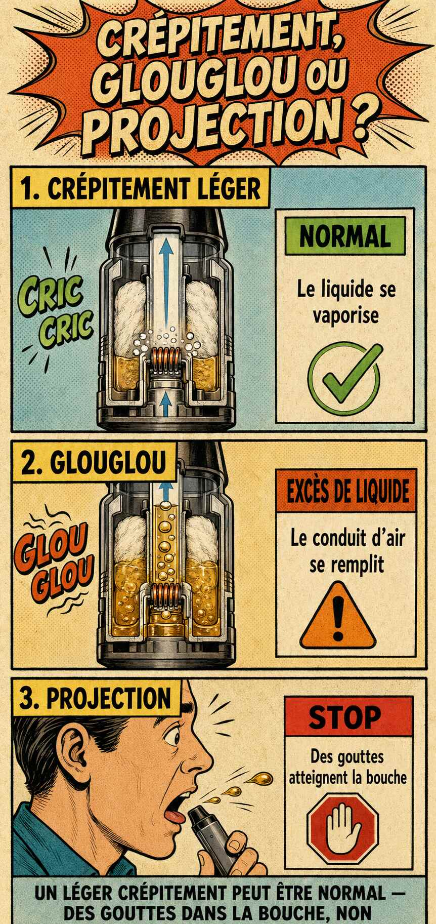 Diff&eacute;rence entre un cr&eacute;pitement normal, un glouglou et une projection de e-liquide dans la bouche