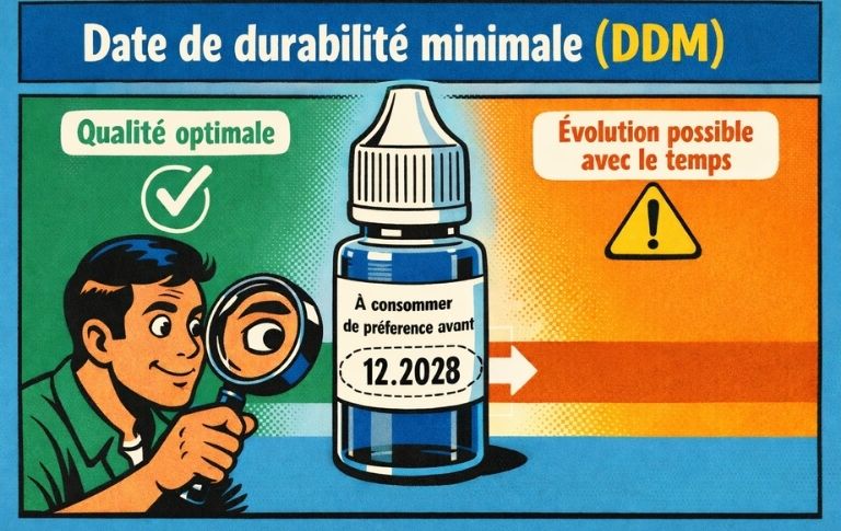 Illustration p&eacute;dagogique en style bande dessin&eacute;e expliquant la date de durabilit&eacute; minimale (DDM) d&rsquo;un e-liquide et son &eacute;volution possible dans le temps.