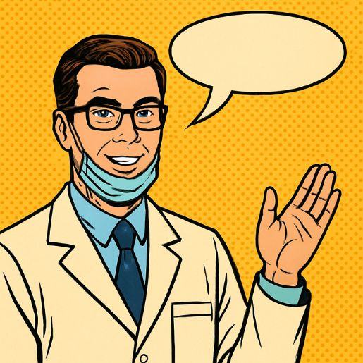 Illustration pop art style bande dessinée : un dentiste souriant en blouse blanche lève la main pour donner un conseil, avec une bulle de dialogue vide au-dessus sur fond jaune à pois.