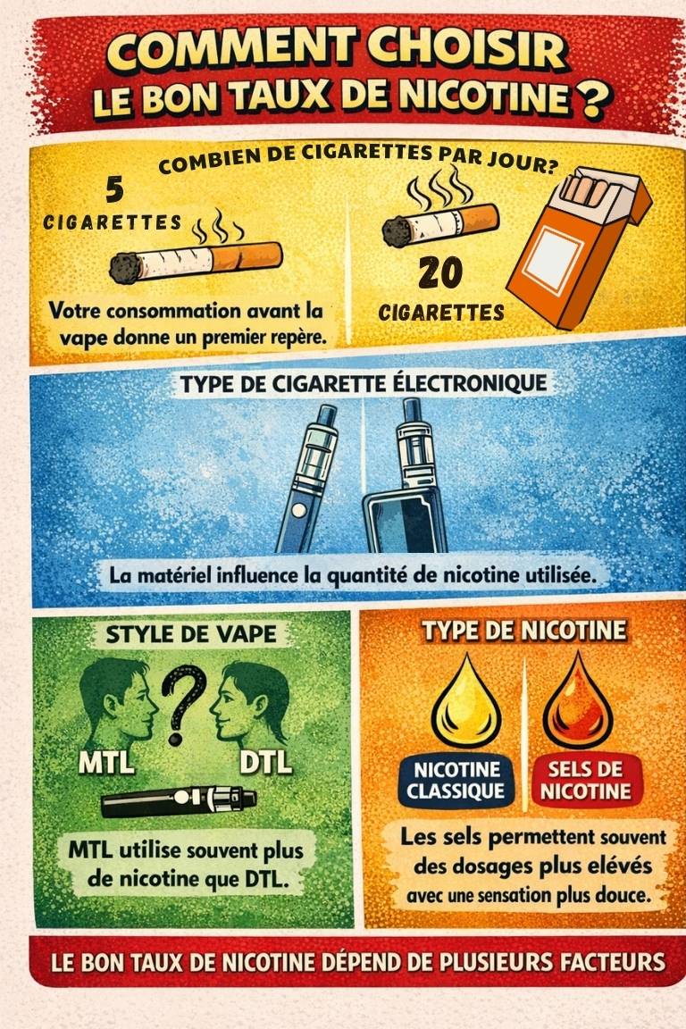 Plusieurs facteurs influencent le choix du dosage de nicotine : votre consommation de cigarettes, le type de matériel utilisé, le style d’inhalation et la forme de nicotine. Comment choisir son taux de nicotine pour une cigarette électronique : consommation de cigarettes, type d’e-cigarette, style de vape MTL ou DTL et type de nicotine.