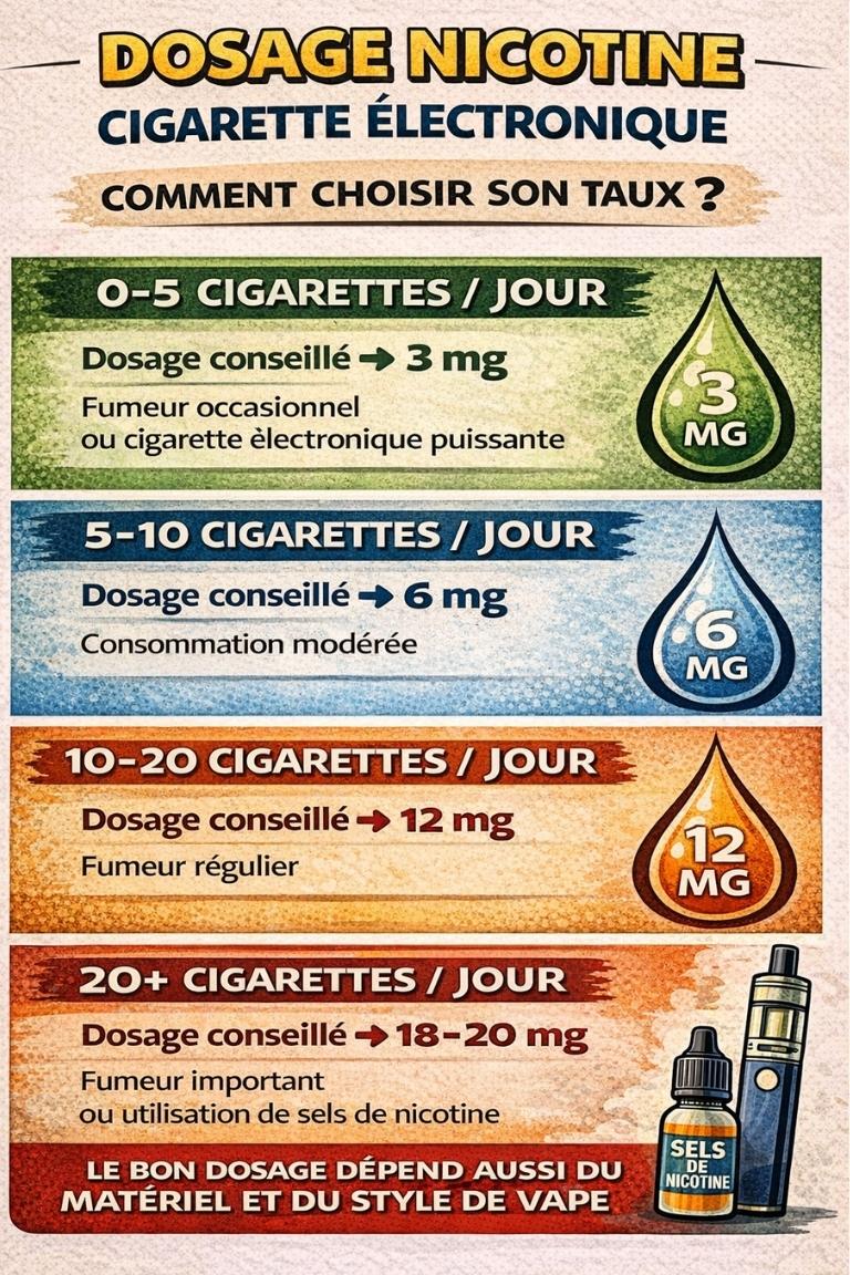 Tableau expliquant le dosage de nicotine recommandé pour cigarette électronique selon le nombre de cigarettes fumées par jour.