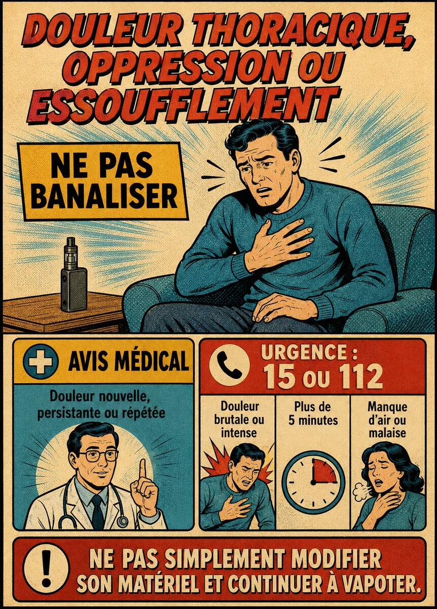 Infographie indiquant quand consulter ou appeler le 15 ou le 112 en cas de douleur thoracique pendant le vapotage