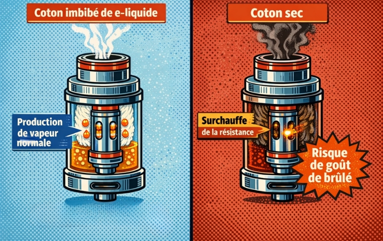 Sch&eacute;ma expliquant le dry hit sur cigarette &eacute;lectronique : coton imbib&eacute; de e-liquide vs coton sec provoquant une surchauffe de la r&eacute;sistance et un go&ucirc;t de br&ucirc;l&eacute;