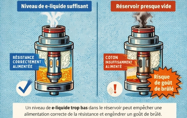 Comparaison du niveau de e-liquide dans un r&eacute;servoir de cigarette &eacute;lectronique : niveau suffisant vs r&eacute;servoir presque vide pouvant provoquer un go&ucirc;t de br&ucirc;l&eacute;