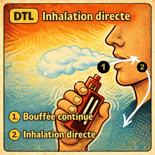 Illustration du vapotage en inhalation directe DTL avec une cigarette électronique