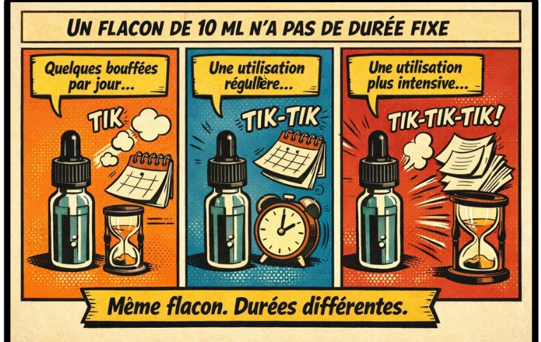 Illustration p&eacute;dagogique en style bande dessin&eacute;e montrant qu&rsquo;un flacon de e-liquide de 10 ml peut durer plus ou moins longtemps selon le rythme d&rsquo;utilisation.
