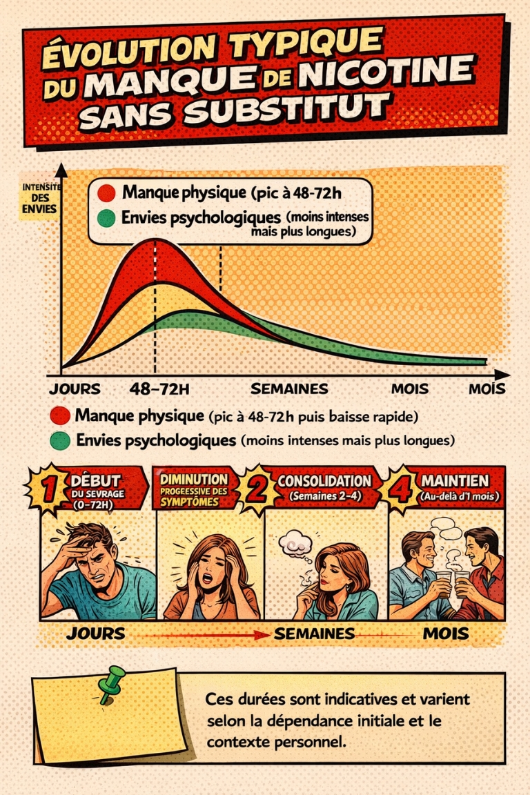 &Eacute;volution typique du manque de nicotine sans substitut : pic &agrave; 48&ndash;72h puis diminution progressive sur plusieurs semaines, avec distinction entre manque physique et envies psychologiques.